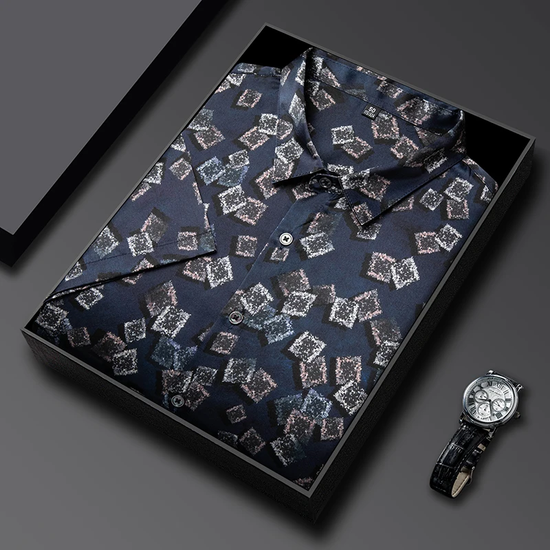 

Gentleman Silk Blends Shirts For Men Short Sleeve Print Coolness Summer Quality Skin-Friendly Casual Easy Care Camisas De Hombre