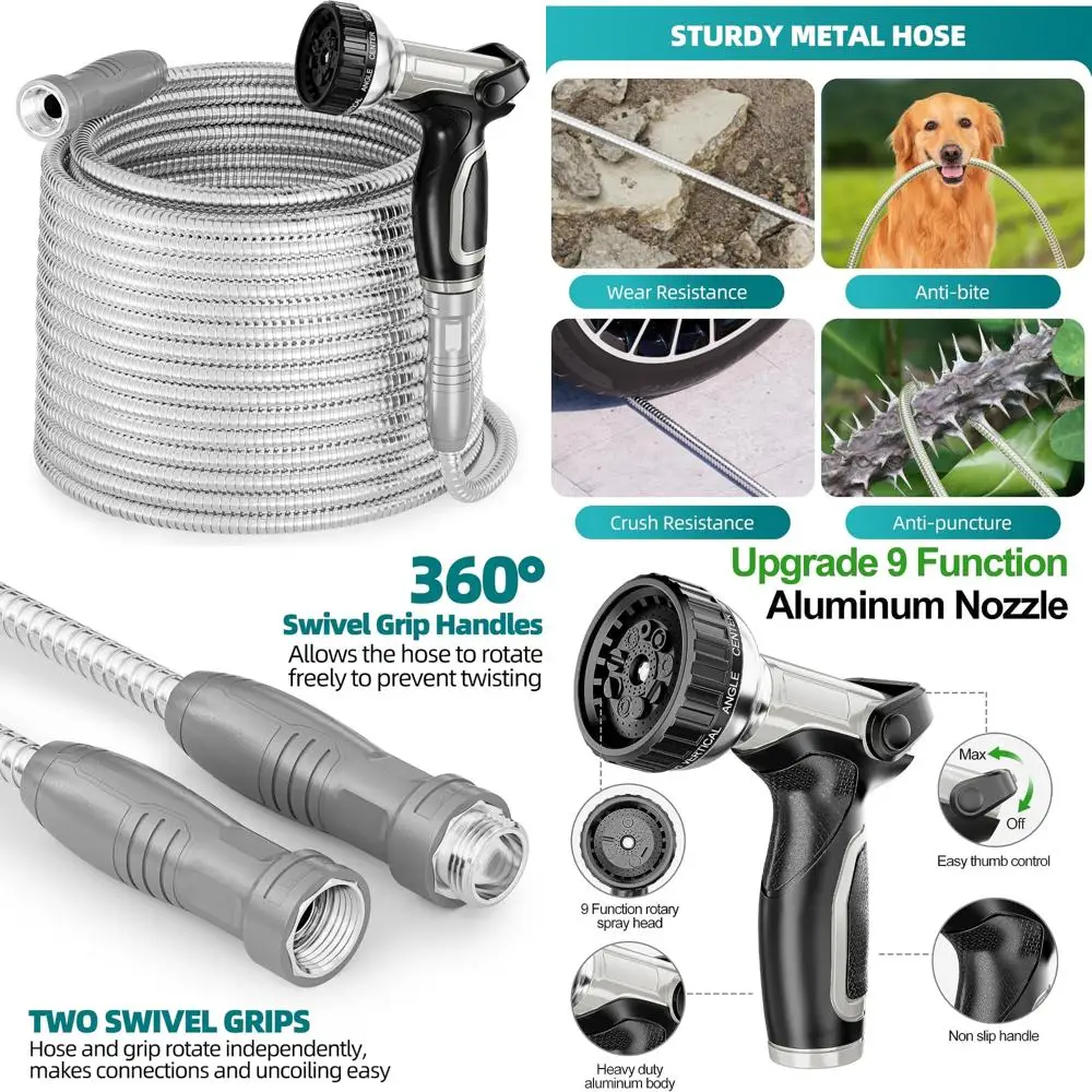 

Stainless Steel 100ft Garden Hose with Swivel Handle - Lightweight Flexible Pipe and Heavy Duty Nozzle for Outdoor Watering Need