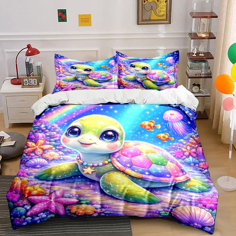 Rainbow ocean dreamy turtle Pattern Duvet Cover Set Digital Print Colorful Polyester Bedding with Zipper Closur for kids gifts