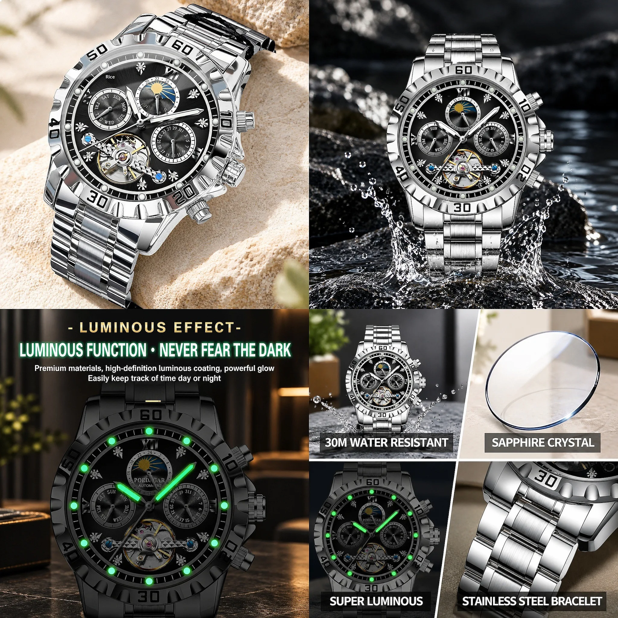 Luxury Automatic Mechanical Watch for Men Multifunction Moon Phase Tourbillon Business Wristwatch