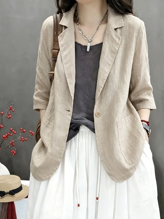 

Slim Fit Cotton Linen Short Casual Lightweight Seven Sleeve Women's Jacket Spring Summer Breathable Comfortable Stylish Top
