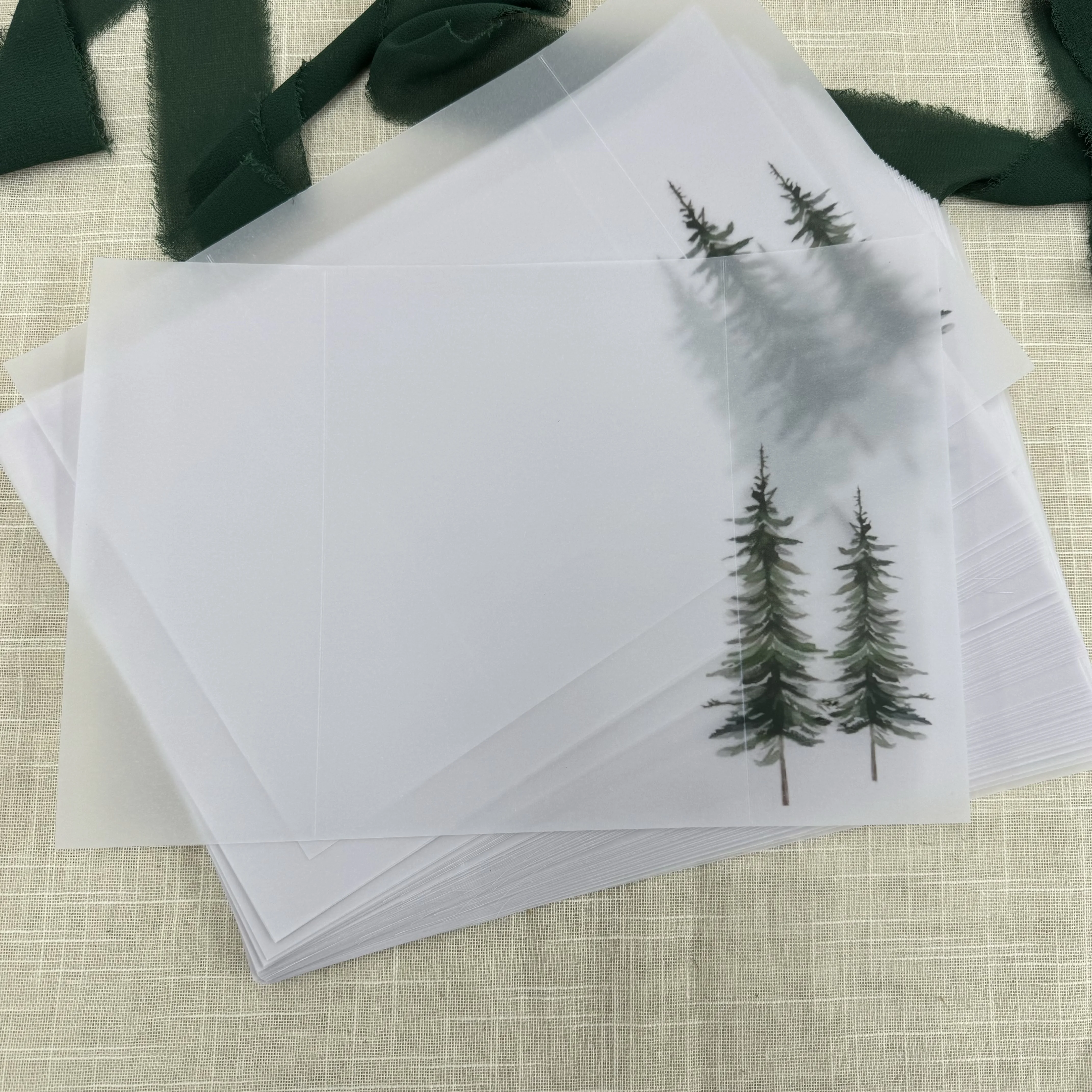 Green tree  Vellum  Wrap suitable for a 5 x 7 Wedding Invitation