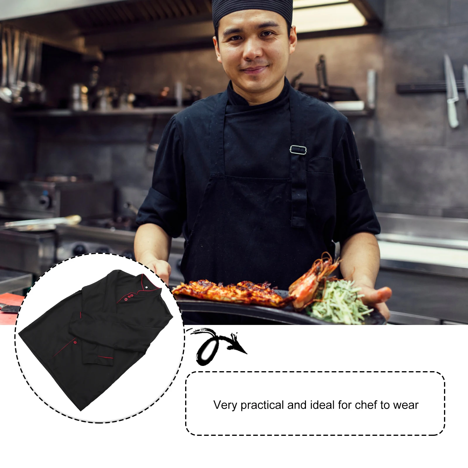 긴 소매 셰프 코트 유니섹스 통기성 내구성 오일 저항성 스탠드 칼라 케이터링 베이커리 호텔 레스토랑용 블랙 사이즈 XXL