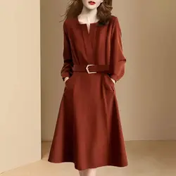 Fashion V-Neck Solid Color Pockets Sashes Casual Dresses Women's Clothing Autumn Winter Oversized Commuter Midi Dress