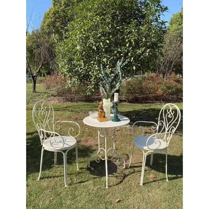 French Country Wrought Iron Old Outdoor Table and Chair Kit White Green Garden Patio Balcony Living Room Round Table Chair