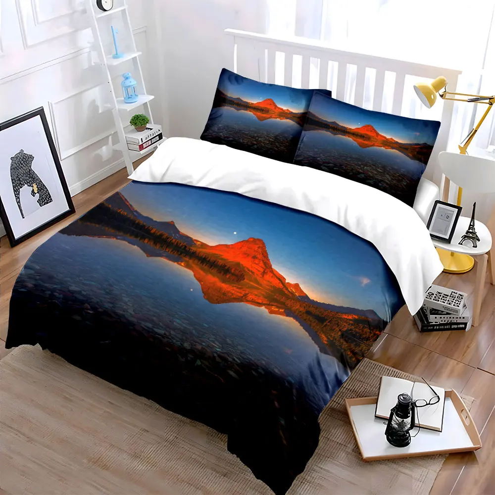 Serene lake reflects red mountain Print Soft Comfortable Duvet Cover Bedding Set Included 1*Duvet Cover 2*Pillowcases
