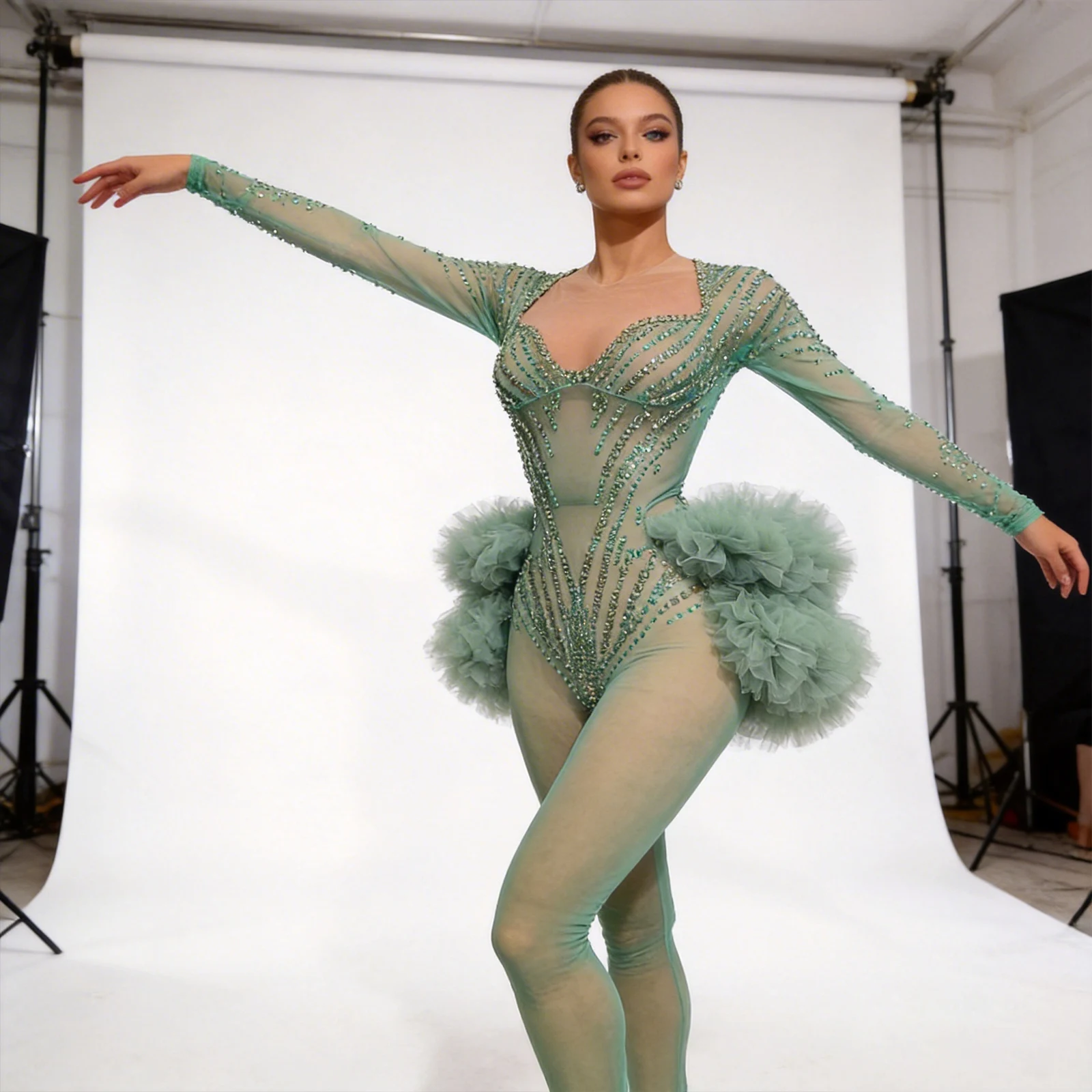 

Sexy Mesh See-through Green Rhinestone Jumpsuit Long-sleeve Stage Night Bar Dance Wear Performance Nightclub Drag Queen Outfit