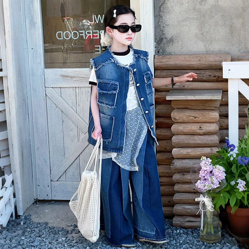 design teen girls fringed denim clothes suit sleeveless retro vest+wide leg jeans 2pcs junior kids pants suit child outfits 4-14