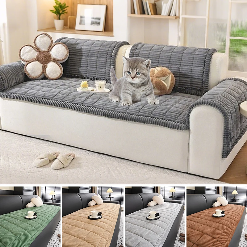 

Winter Corduroy Sofa Cover Plush Thickening Quilted Design Non Slip L Shape Straight Sofa Universal Fit Pet Friendly Home Decor