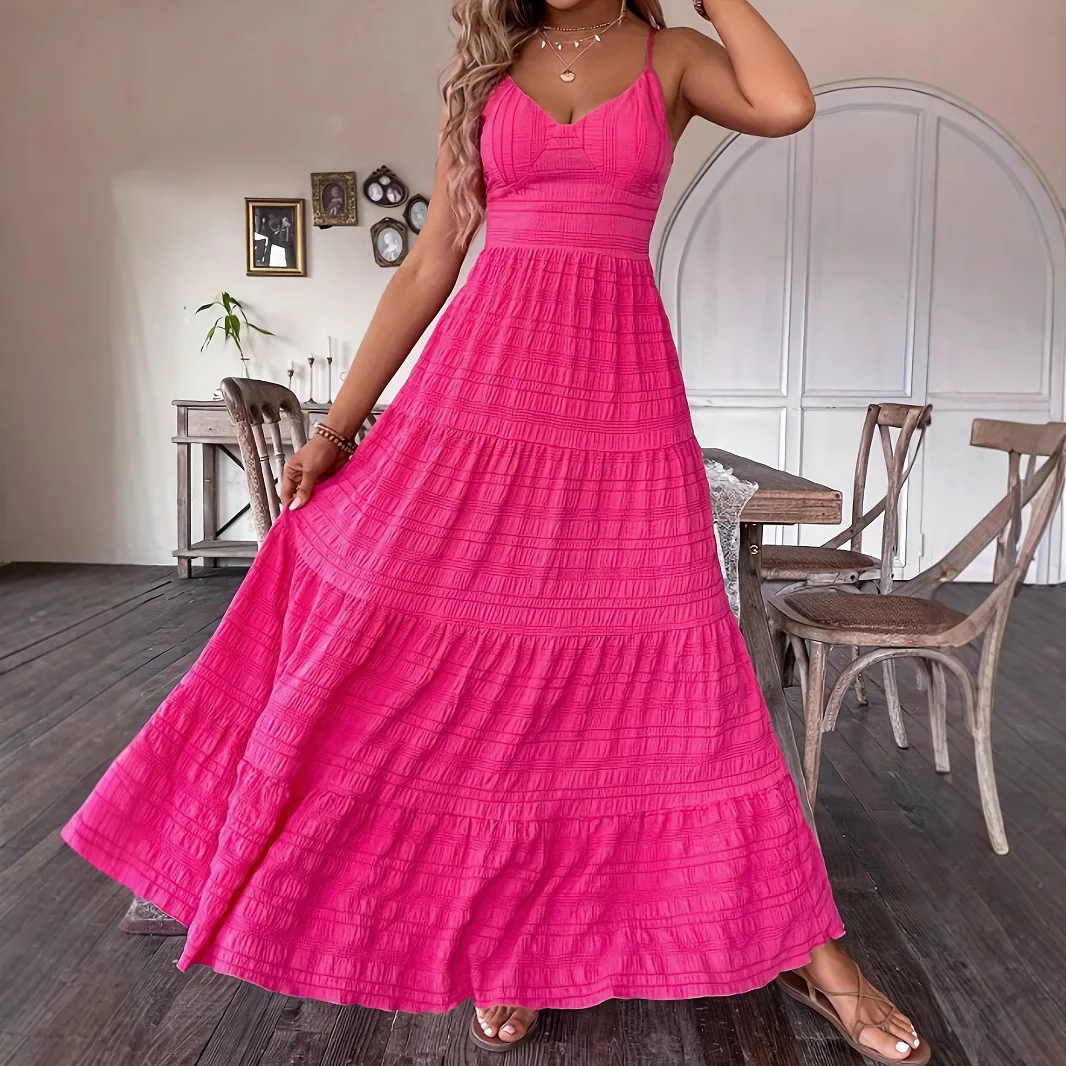 

Camisole Solid Dress V Neck Ankle Length Dress Women Spliced Sleeveless Pullover Loose Fit Slight Strech Casual Summer 2025