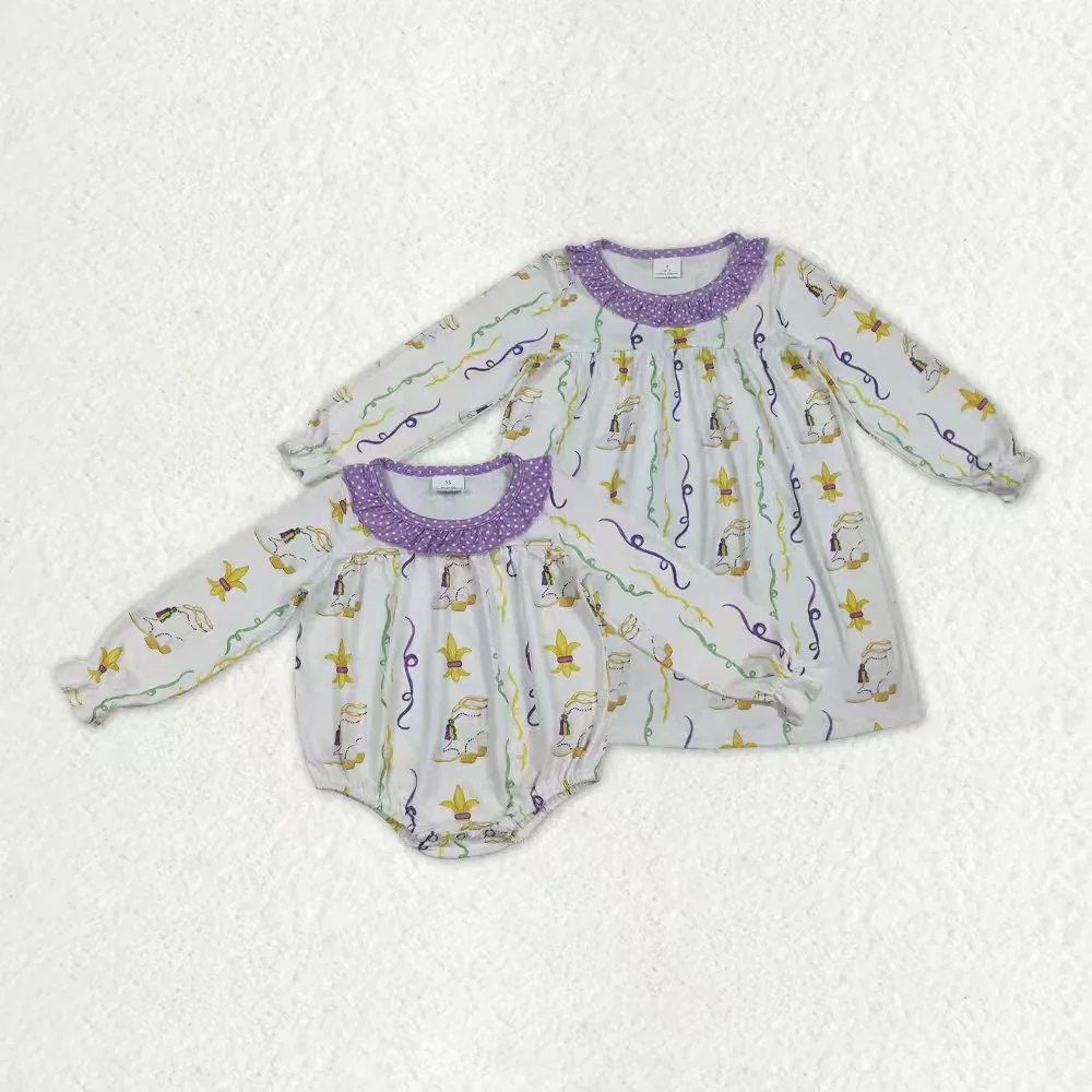 

z106-04 LR2042 Wholesale baby rompers kids clothes girl mardi gras boots long sleeve romper Winter Boutique Children clothing
