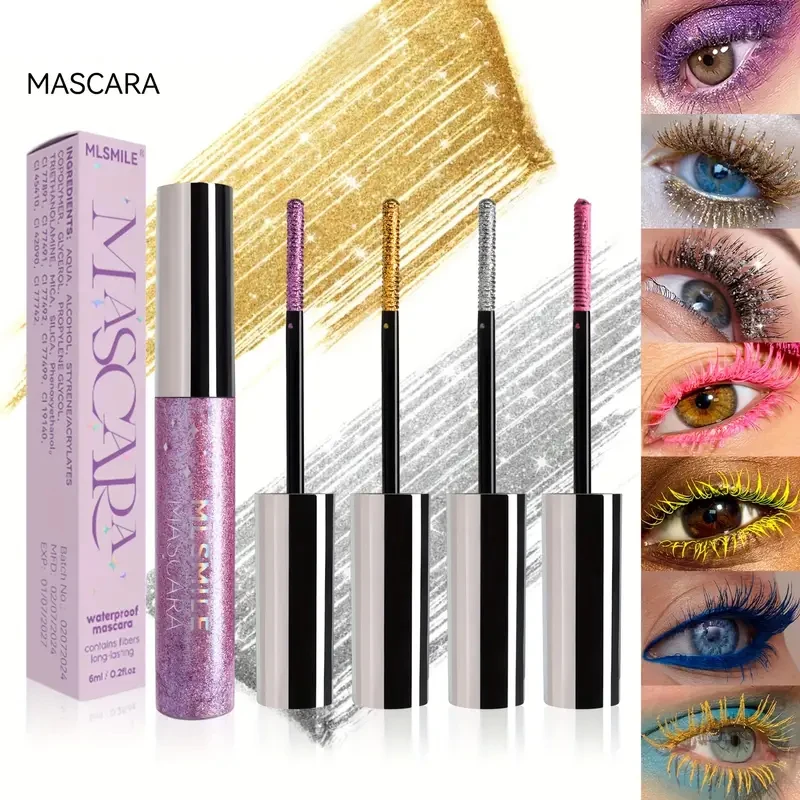 Mascara imperméable à séchage rapide, couleur vibrante, volumateur, maquillage de cils recourbé avec tenue longue durée, baguette à paillettes une pièce pour fête
