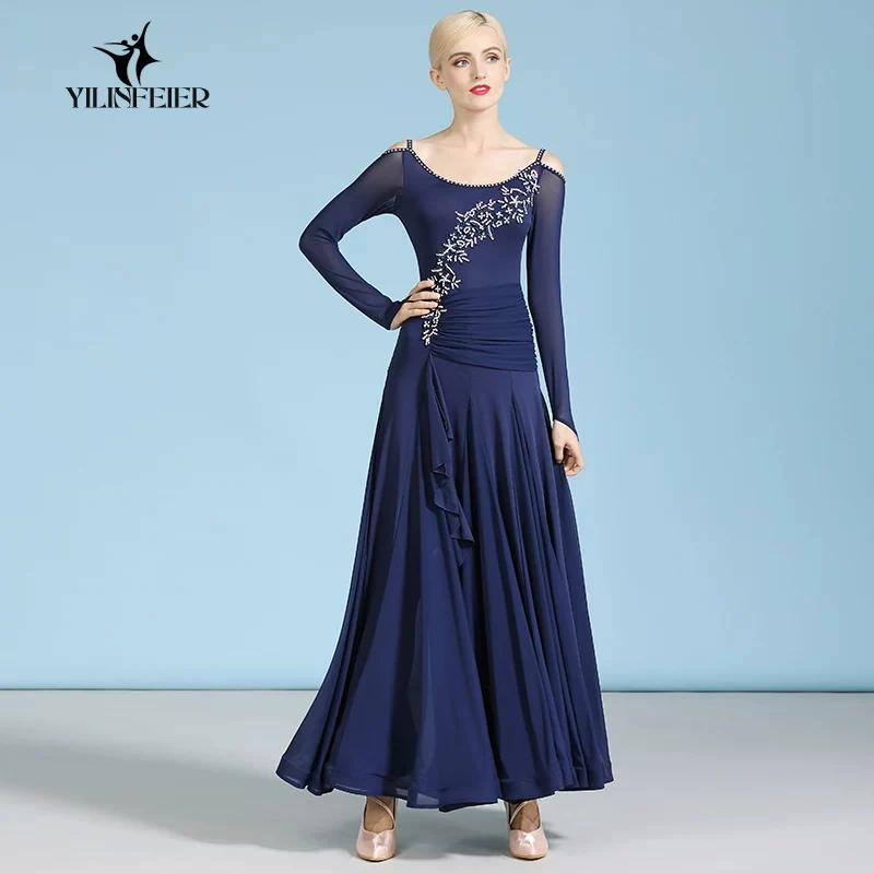 Round neck long sleeve long dance dress with sequin geometric decoration and big swing skirt,suitable for ballroom dance competi