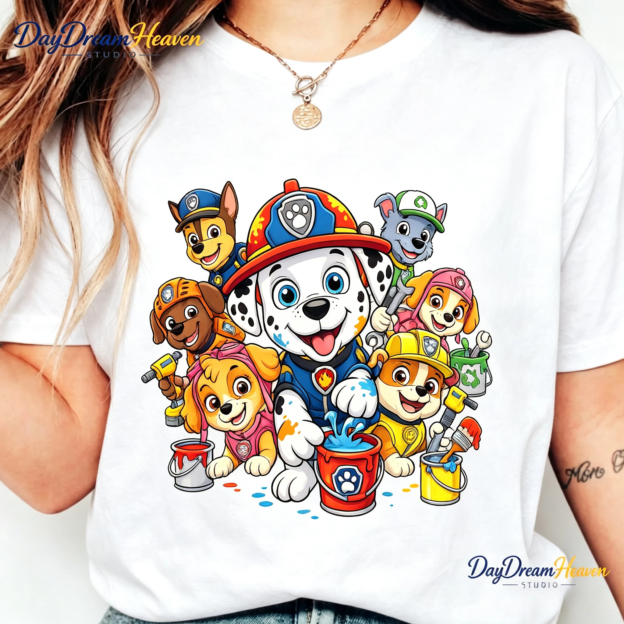 Paw Patrol Painting Puppy Team T‑Shirt Cartoon Dog Paint Bucket Print Short Sleeve Casual Cotton Tops for Boys Girls