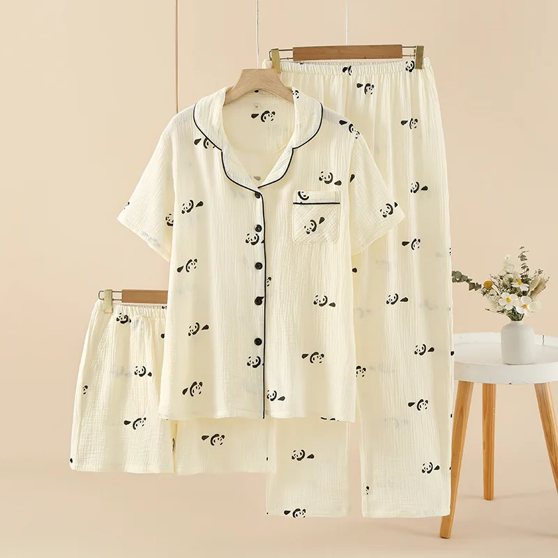 

Хлопковый муслиновый женский летний комплект для дома: шорты, брюки и футболка с коротким рукавом, с принтом, три предмета