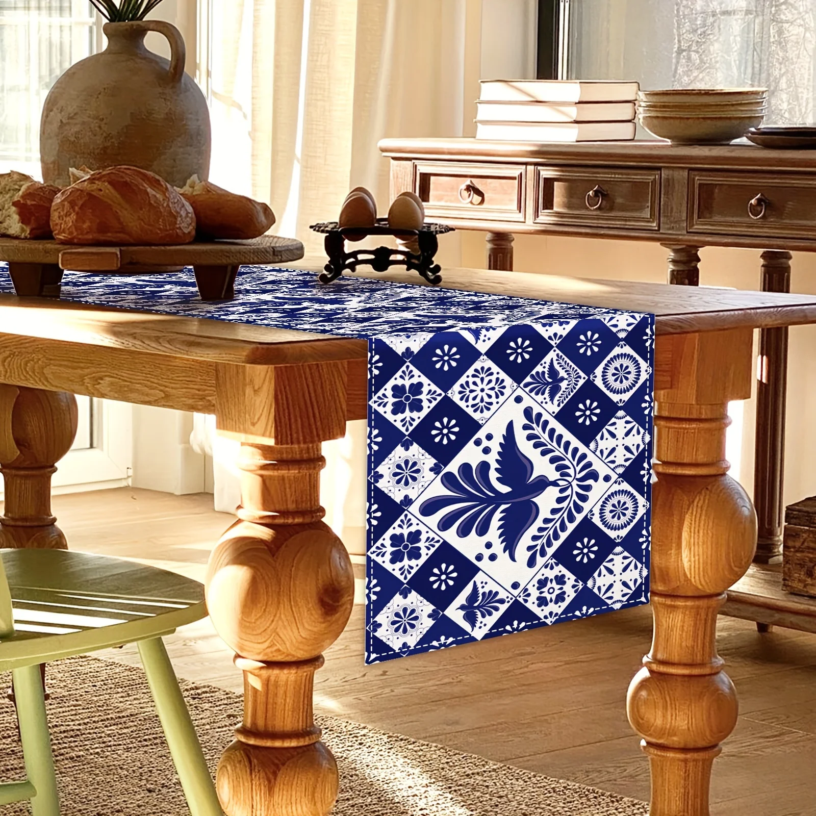 JIT1PCS1 Floral Bird Mexican Table Runner, Blue Patchwork Tile Kitchen Dining Table Decoration for Home Party Decor to Enhance