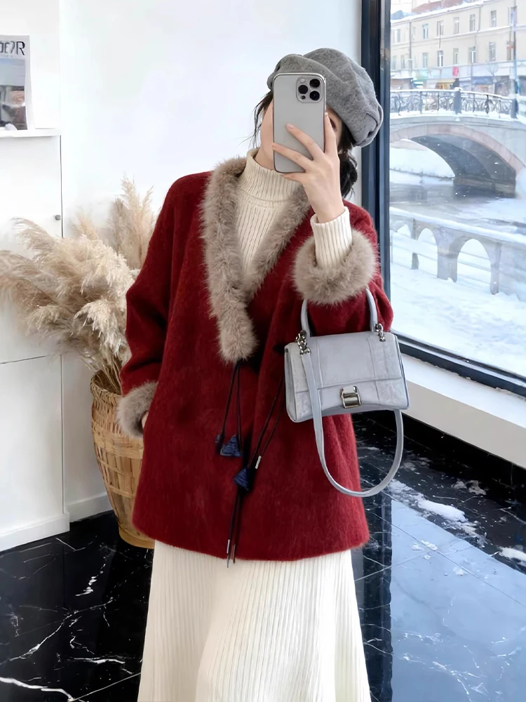 

Red Woolen Coat with Fur Collar for Women plus Size Autumn Winter New Style College Style Warm Thickened Button Closure Short...