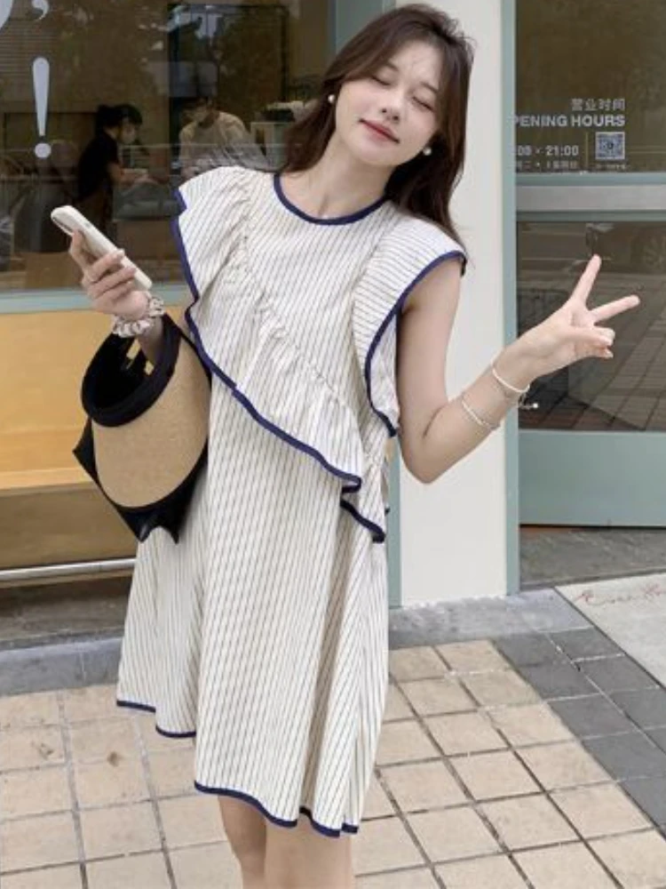 Striped Flying Sleeve Dresses Women Ruffles Irregular Mini Sweet Preppy Style Simple Vintage Tender Casual Korean Fashion Summer