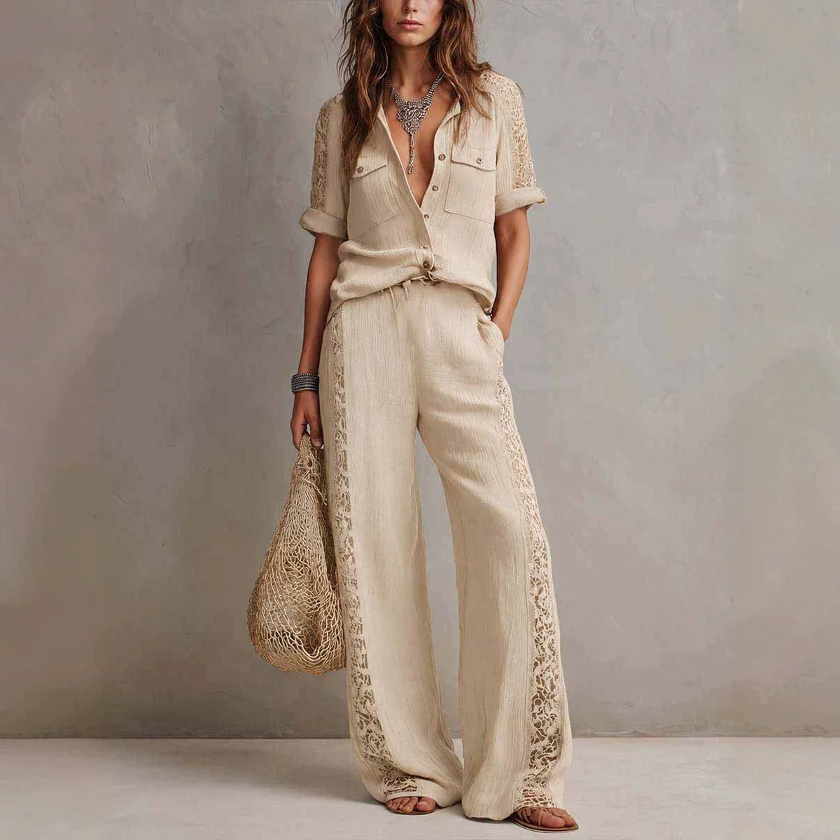 Linen Cotton Lace Patchwork Loose Wide Leg Pants Jumpsuit Matching Sets Spring Summer