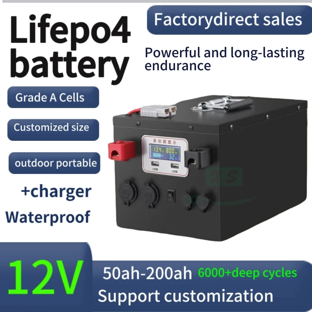 

XS Waterproof 12v 100Ah 80Ah 120ah 150ah 60ah 200AH LiFePO4 batterywith BMS for boat Inverter propeller fishing + charger