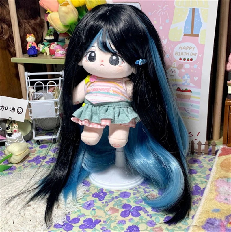

20cm cotton doll wig full top full head cover black highlight blue long straight hair doll special wig cover
