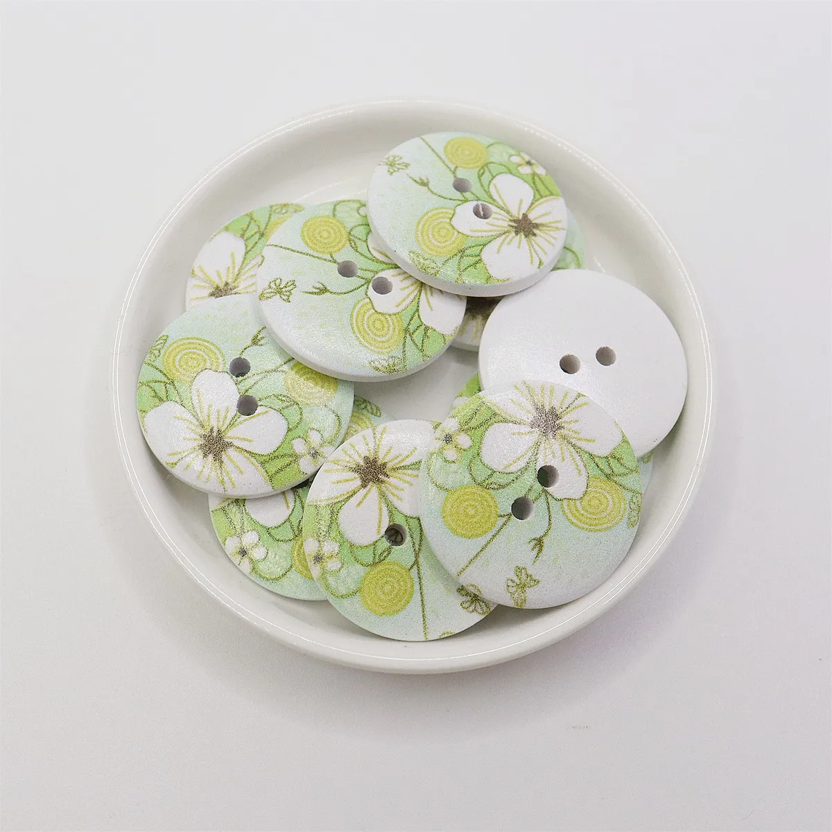 20pcs 30mm Large Round 2 Hole Green Flower Floral Painted Wood Buttons DIY Crafts Sewing Decorations Embellishments Scrapbooking