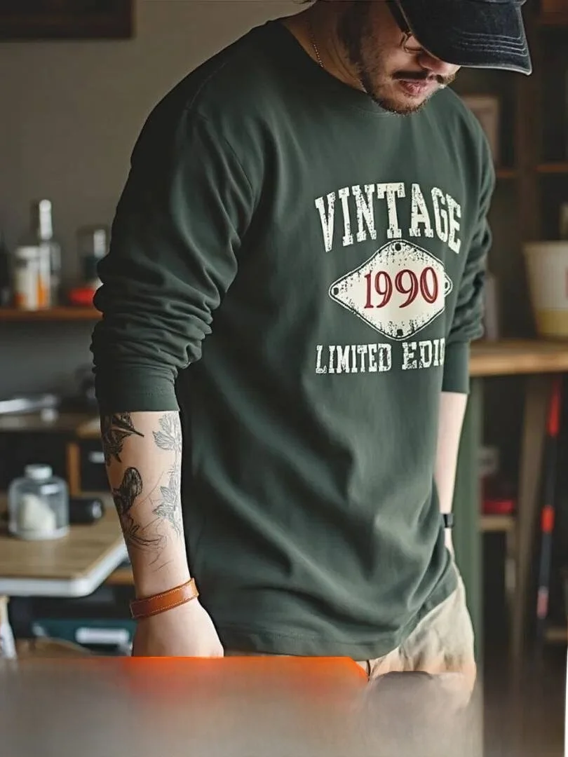 American Style Ameika Wind! Pure Cotton 220g Technology Brush Heavyweight Washed round Neck Base Shirt Long Sleeve T-shirt Tr...