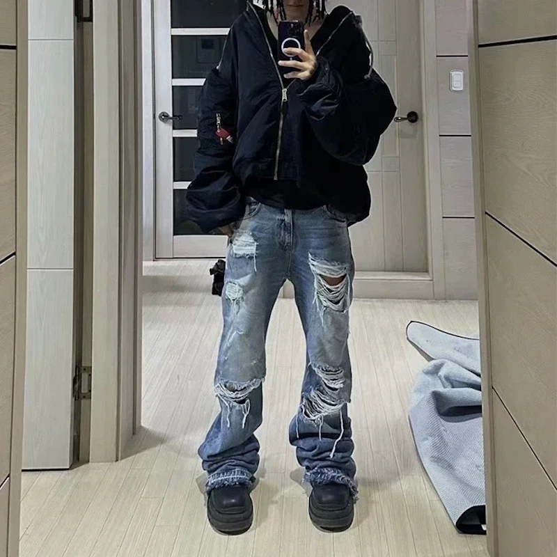 Tassel Frayed Damaged Hole Baggy Jeans for Men and Women Streetwear Casual Pantalones Hombre Denim Trousers Oversize Cargo Pants