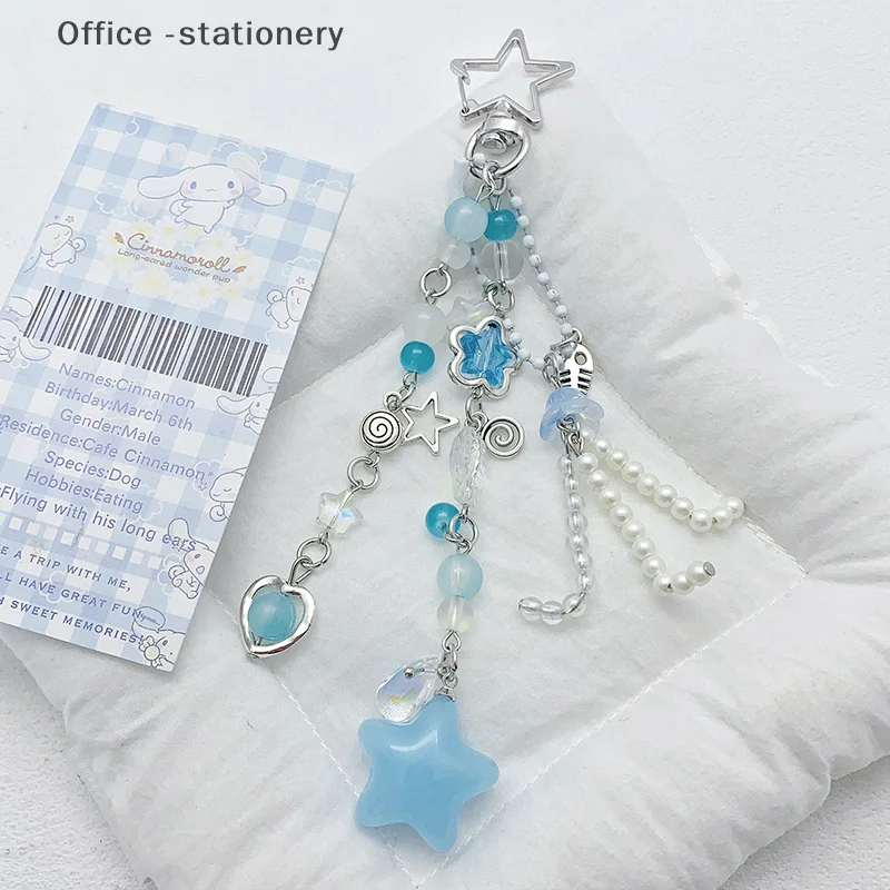 Y2K Korean Girly Sweet Star Keychain Ins Style Blue Ocean Keyring Bag Pendant Key Accessories For Girls Gift