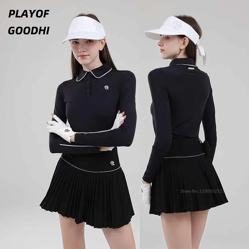 PL Autumn Spring Golf Apparel Woman Long Sleeve Slim Top Solid Polo Lapel T-shirt Ladies High-waist Pleated Golf Skirt