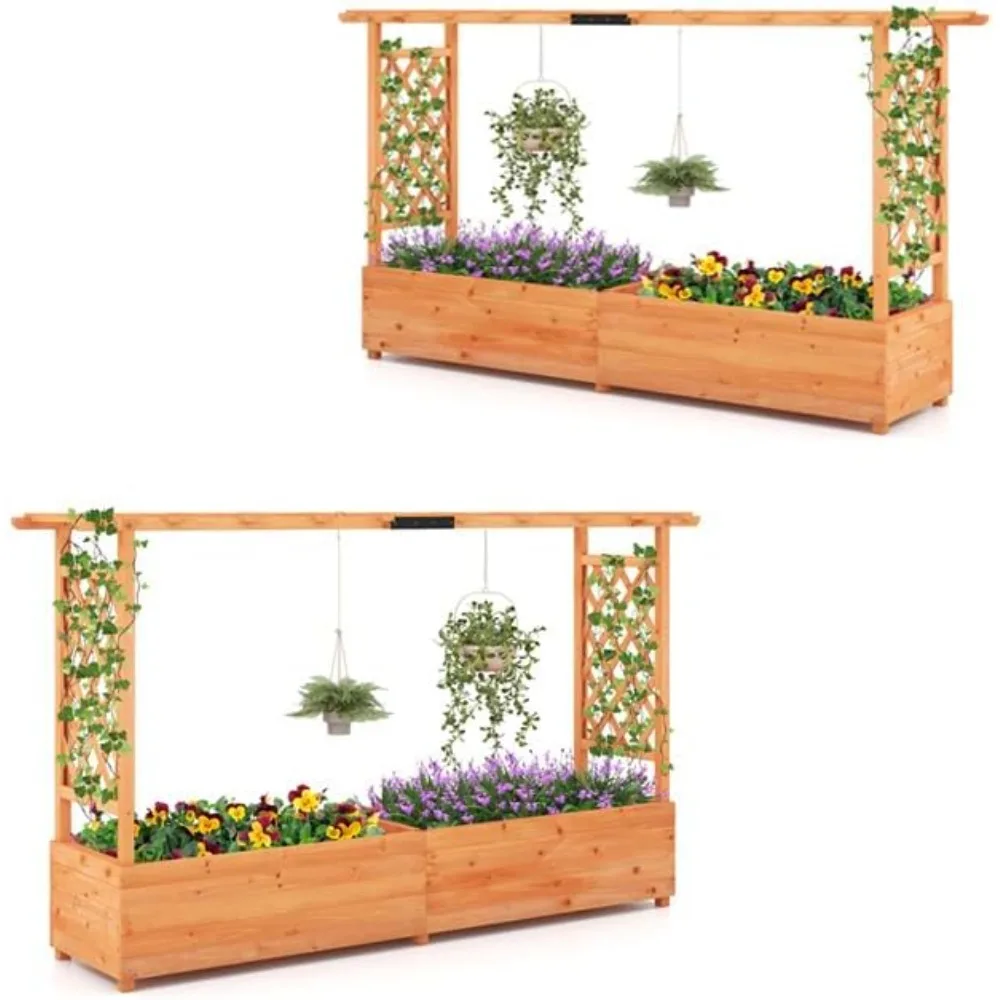 Raised Garden Bed with Trellis, 2 Pack Freestanding Wood Planter Box w/Hanging Roof & 8 Drainage Holes for Vine Climbing