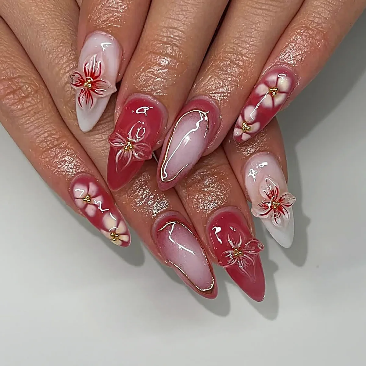 24 قطعة طويلة خنجر الصحافة على الأظافر مجموعات الوردي زهرة تصميم اللوز الأظافر كاذبة مع خطوط ذهبية وهمية مسمار Datachable مانيكير #2