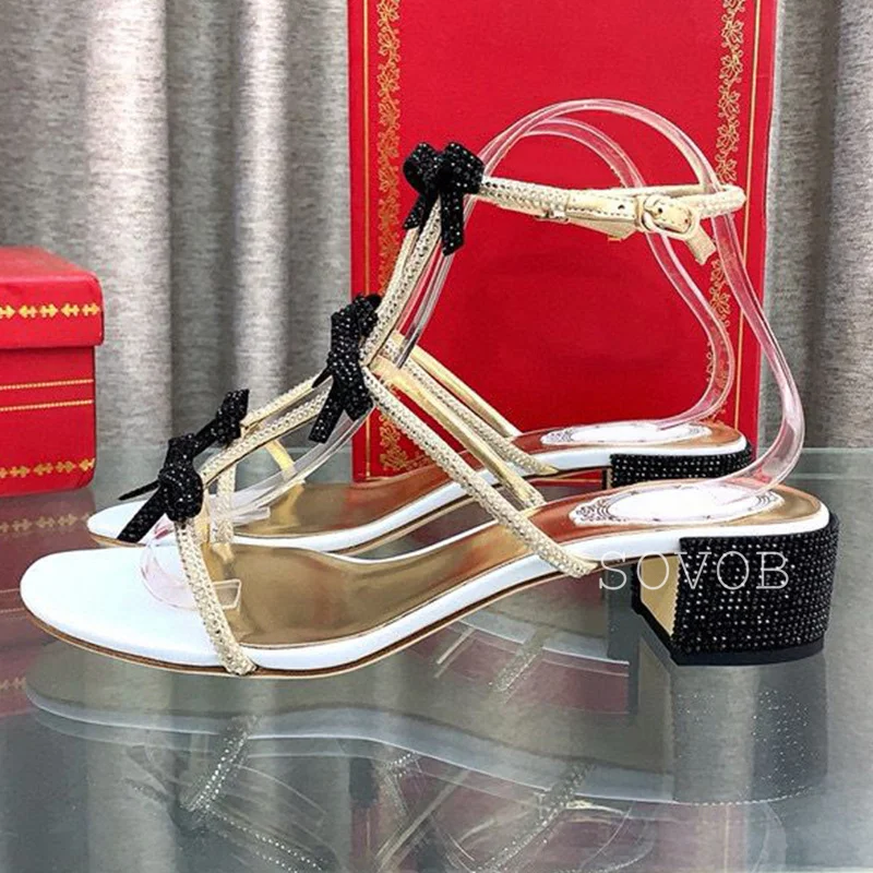 Summer Rhinestone Bow Decoration Thick Heel Sandals Women's Minimalist Ankle Strap Open Toe Roman Sandalias Party Banquet Shoes