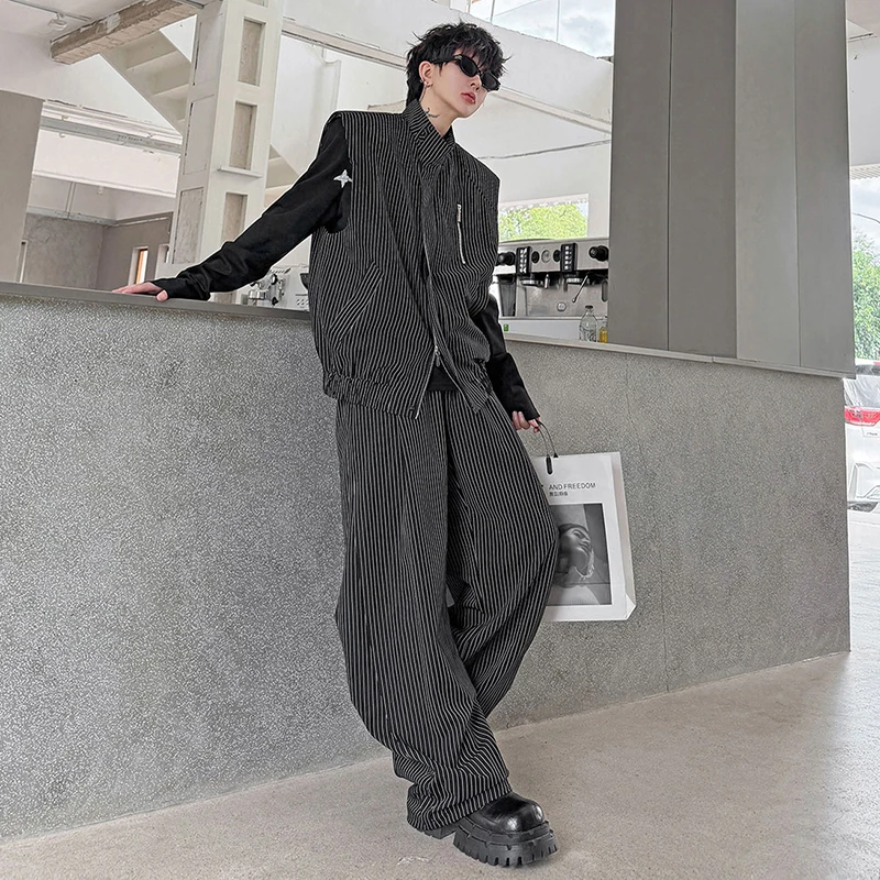 LUZHEN 2026 New Stripe Printed Korean Two-piece Sets Men's Fashion Handsome Sleeveless Vest Coat Loose Straight Trousers JY8716