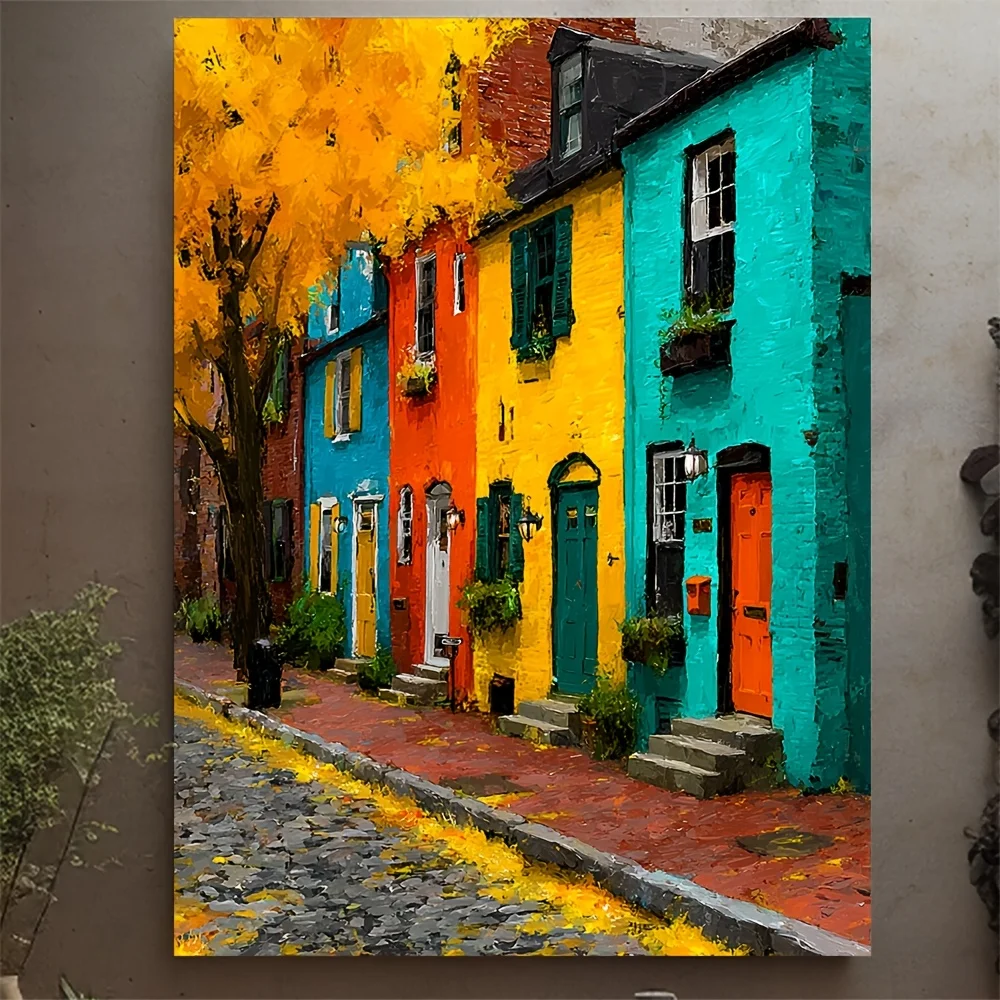 (No frame)1pc Framed 12x16 Inch Autumn Row Houses Canvas Wall Art - British Terrace Style Fall Street Scene with Wood Frame,