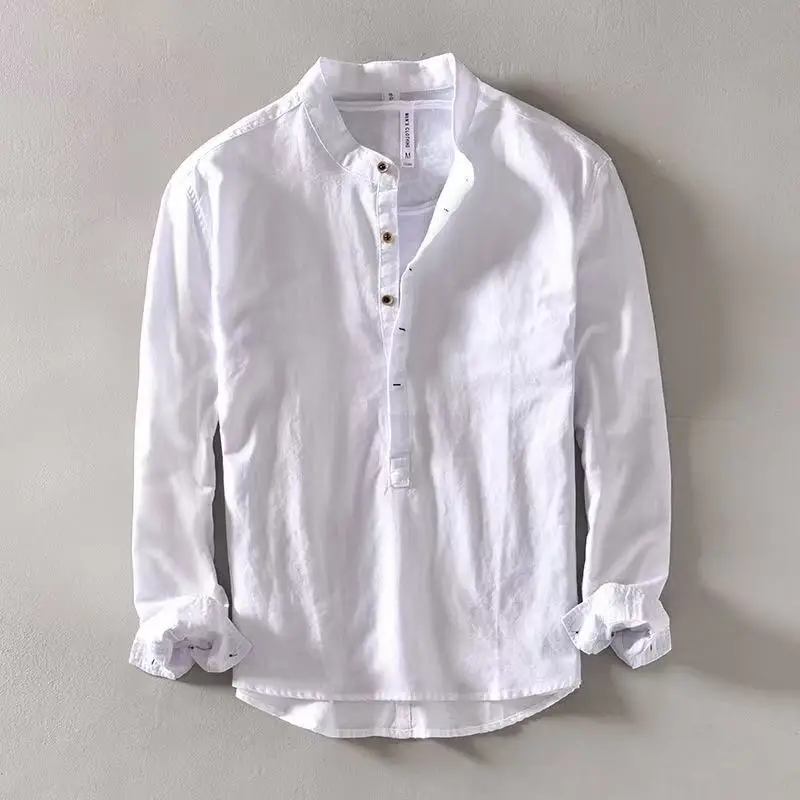 2025 Summer New Men's Linen Stand up Collar Long Sleeve Shirt with 55% Linen Content, Casual Loose Breathable Cotton Hemp Top