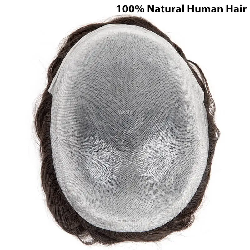 Pele fina masculina PU Toupee, prótese de cabelo masculino, linha fina natural, perucas de cabelo humano, substituição de prótese capilar, 0,04-0,06mm