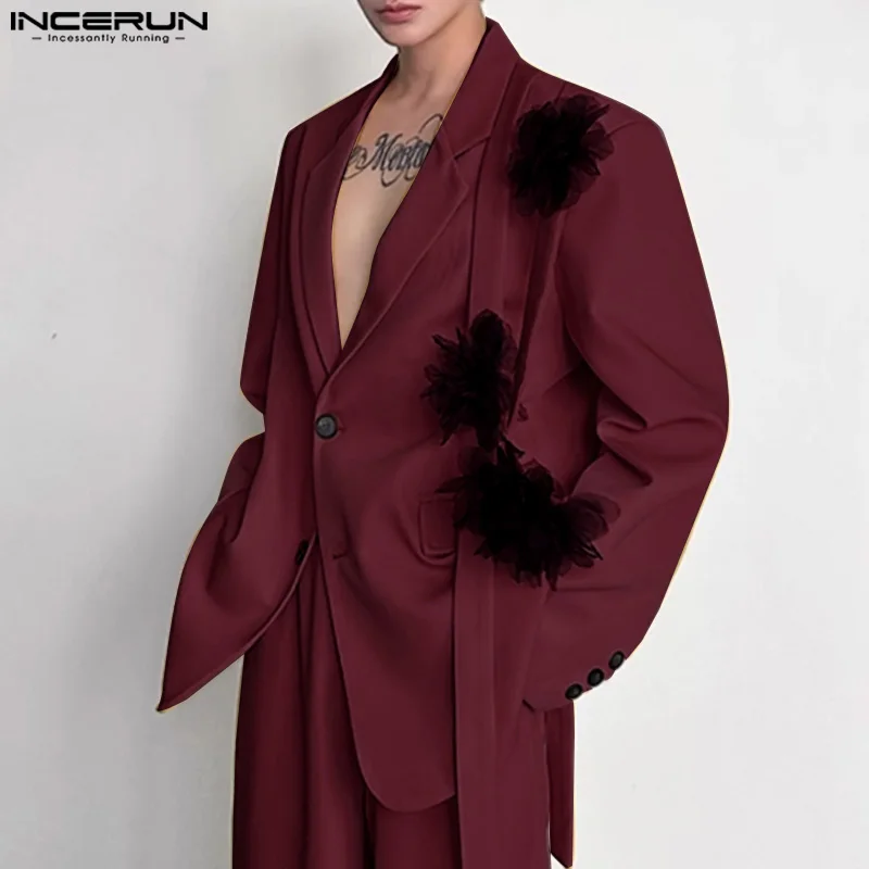 INCERUN Men Blazer Flower Patchwork Casual Suits 2025 Long Sleeve Loose Handsome Elegant Lapel Collar Thin Coats Blazer Men