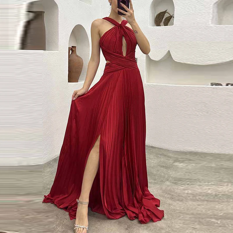 Fashion Banquet Halter Hollow Out Party Dress Women Temperament High Waist Slim Maxi Dress Elegant Sexy Pleated Slit Long Dress