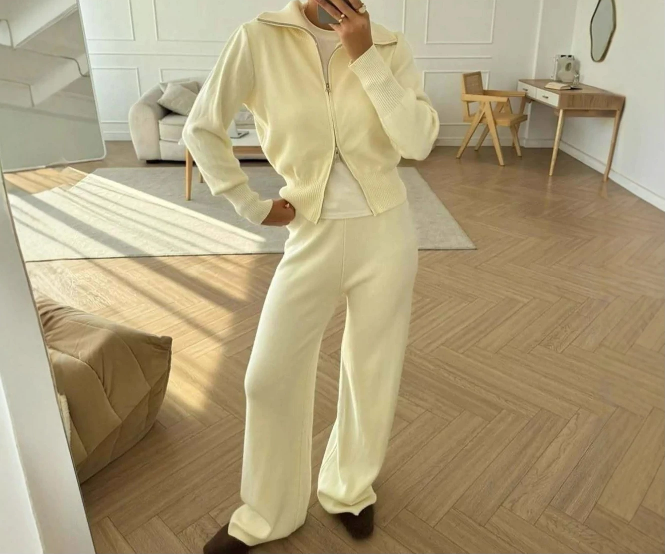 

2025 Solid Color Premium New Set Zipper Slimming Long Sleeve Cardigan Straight Leg Casual Pants Two Piece Set