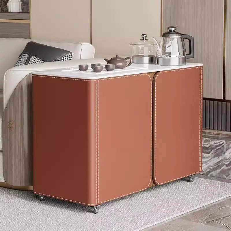 Light luxury saddle leather, modern simple mobile tea table, balcony small tea table, tea boiling water