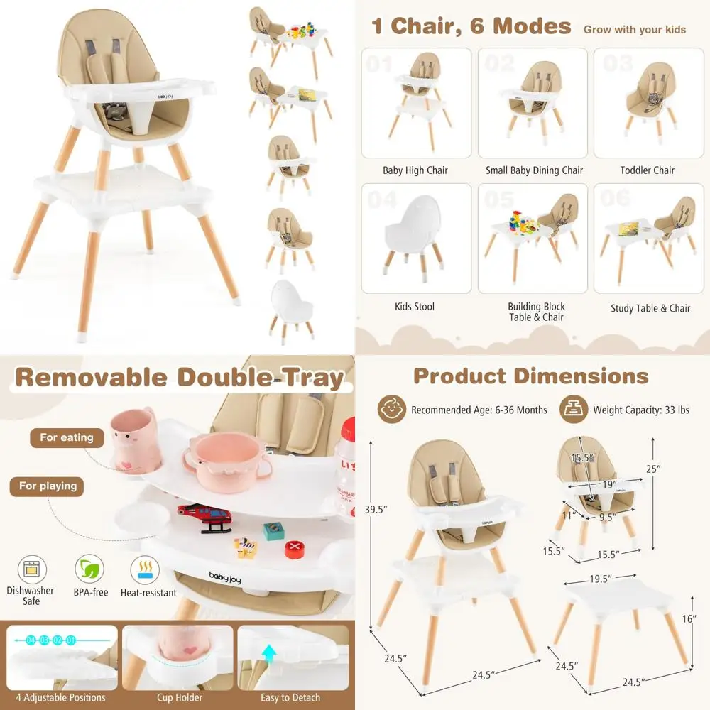 Trona convertible 6 en 1 para bebés y niños pequeños: juego de sillas de mesa y asiento elevador de madera