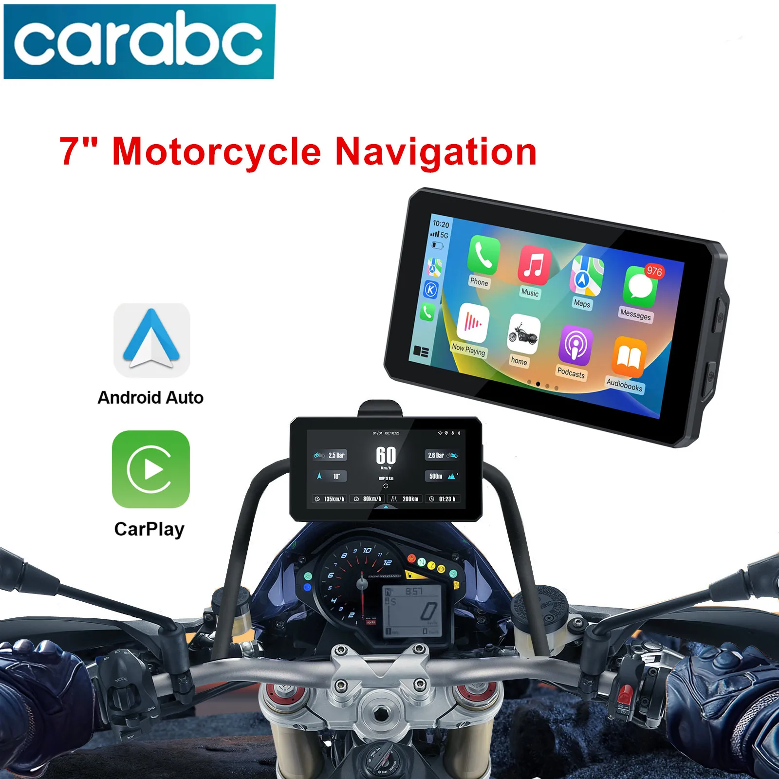 CARABC 7 inch Portable Wireless Carplay Android Auto Motorcycle GPS Navigation IP68 Waterproof DVR Drive Recorder Moto TPMS