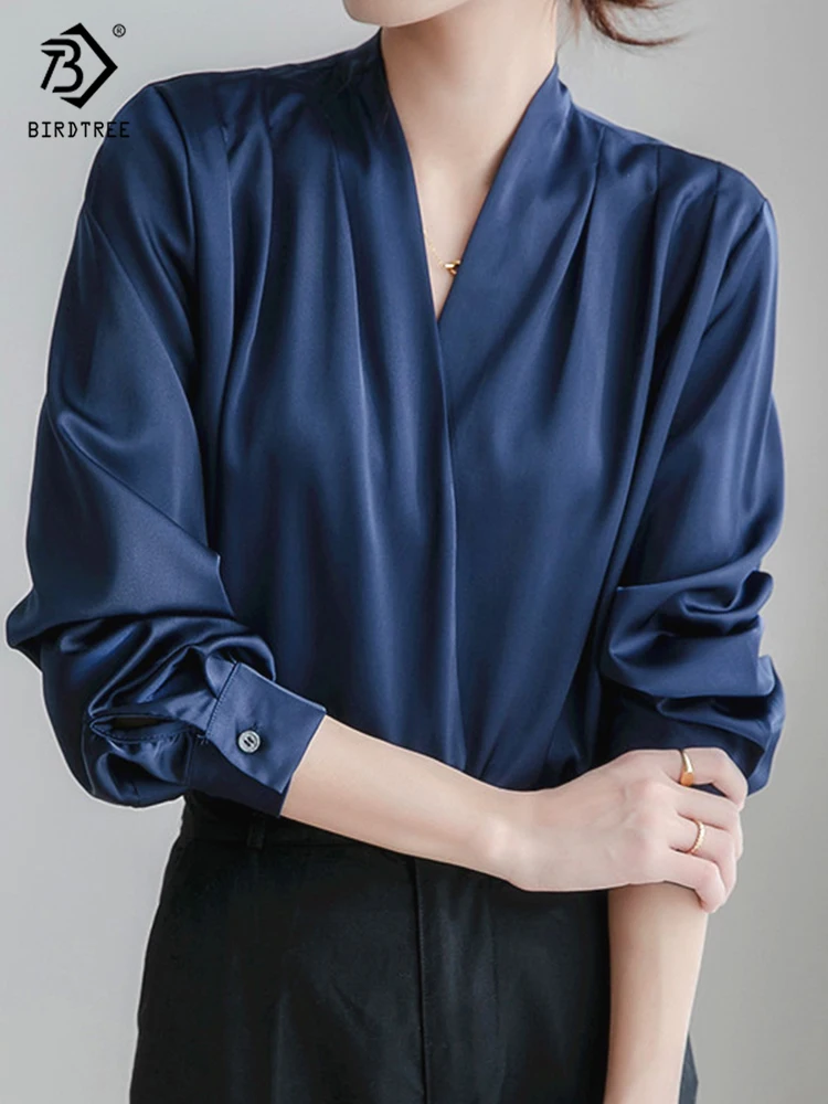 Blusa feminina elegante de cetim lanterna manga decote em v, camisa do escritório marinho, tops casuais vintage, outono, primavera, nova chegada,