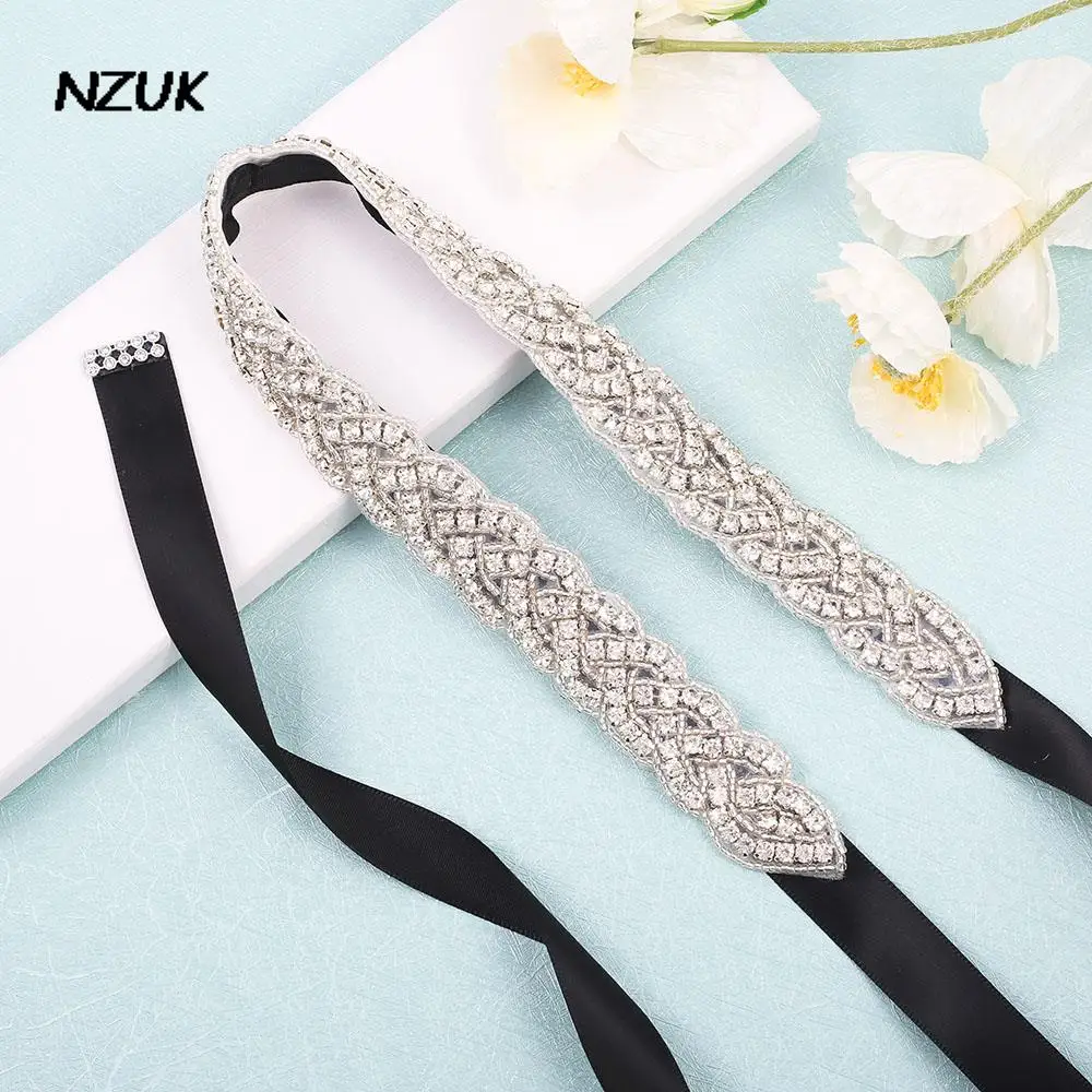 

NZUK Wedding Belts and Sashes Handmade Beaded Belts for Dresses Rhinestone SIlver Wedding Belt Black Ribbon ceinture mariage