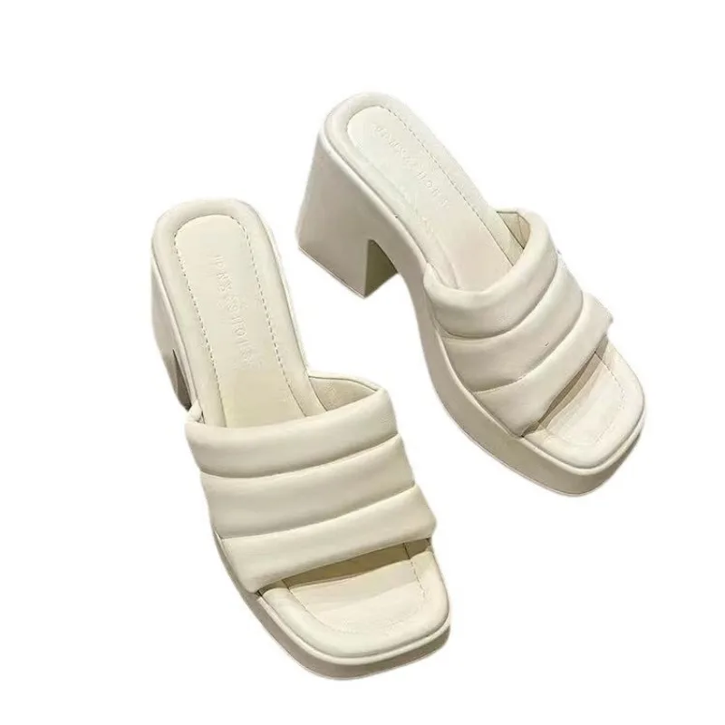 Summer High-heeled Casual Women Fish Mouth Shoes Ladies Shoes on Sale 2024 Fashion New Square Toe Anti-wrinkle Women's Slippers image 5