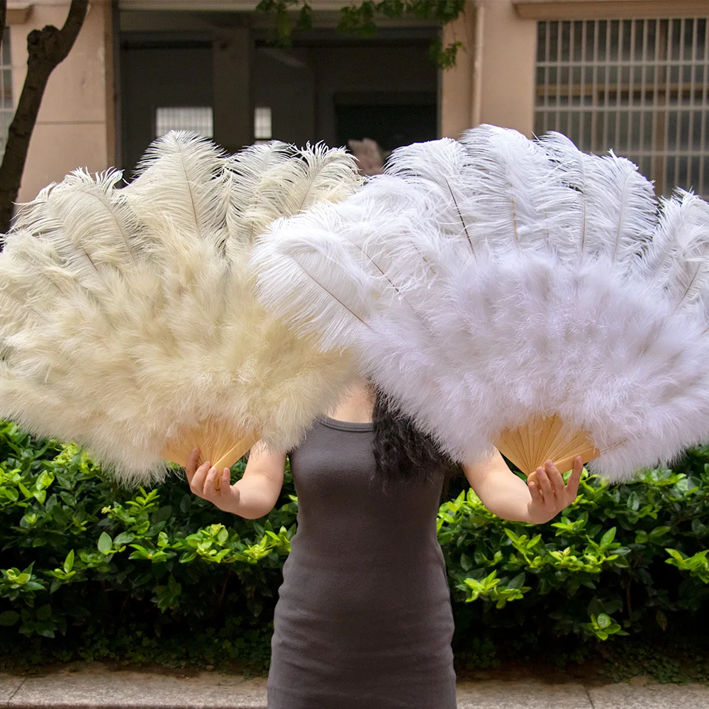 

13 Bones Natural Ostrich Feather Fan Customized Held Folding Colorful Fan for Performance Dance Fans Stage Carnival Show Props