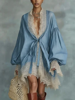 Elegant Blue Lace Trim Mini Dress Women V Neck Lace-up Waist Lantern Sleeve Oversized