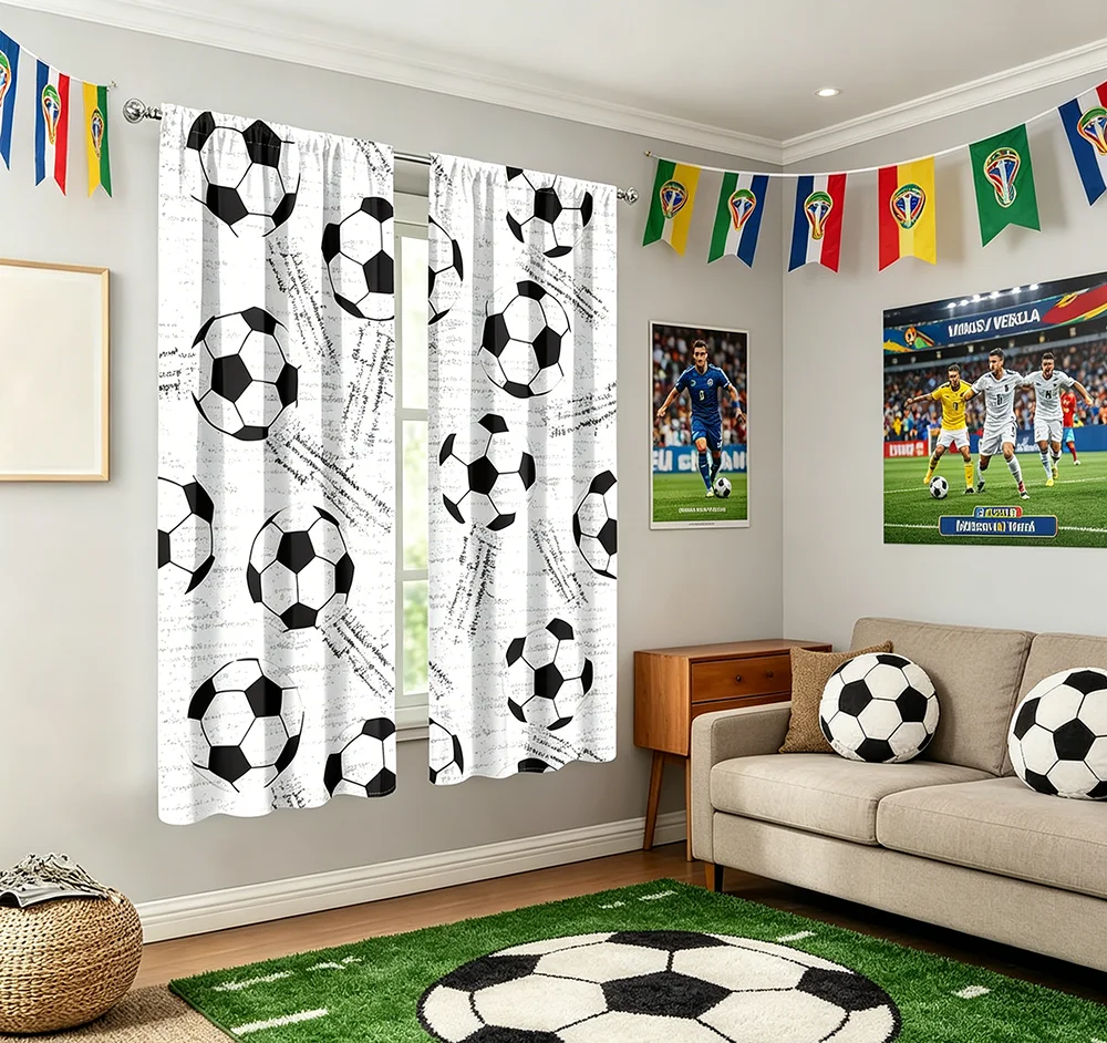 2PCS Digital Printed Curtains, Ink Mark Soccer Ball Artistic Sports, Rod Pocket Window Drapes for Living Room Bedroom Decor