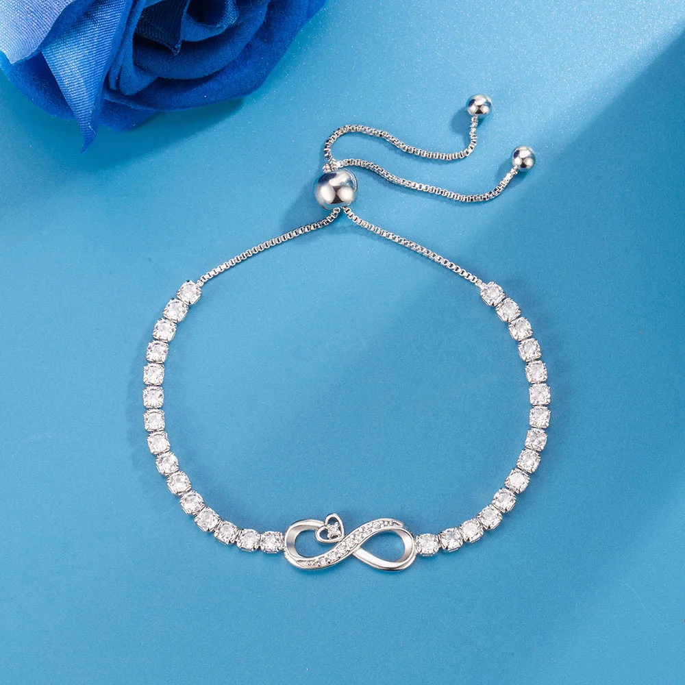 Simple Stylish 925 Sterling Silver Heart-shaped 8-shaped Roman Zircon Bracelet for Women Adjustable Elastic Beads Hand Jewelry